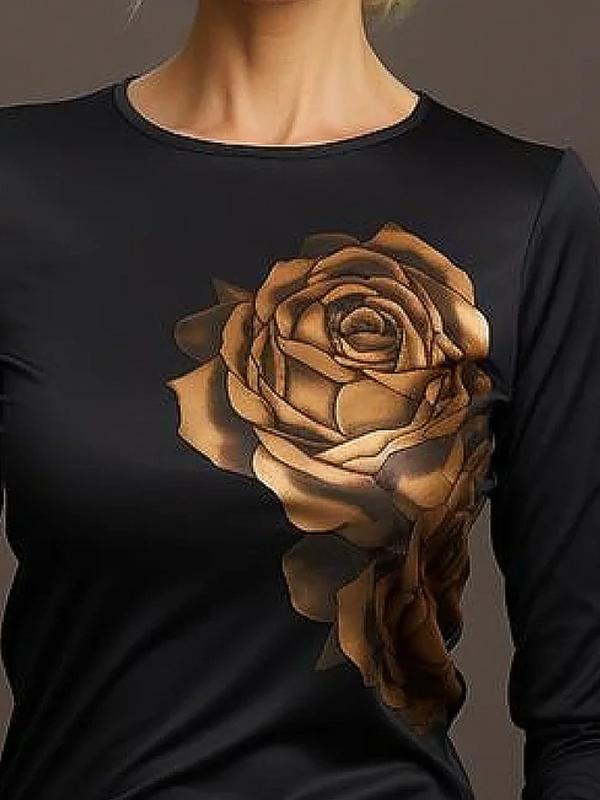 Plus Size Tight Medium Elasticity Crew Neck Long Sleeve Floral Urban Regular Sleeve T-Shirt