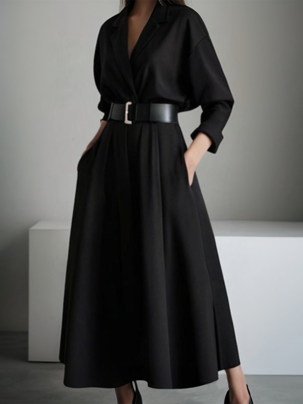 Lapel Collar Urban Raglan Sleeve Loose Midi Dress With No Belt