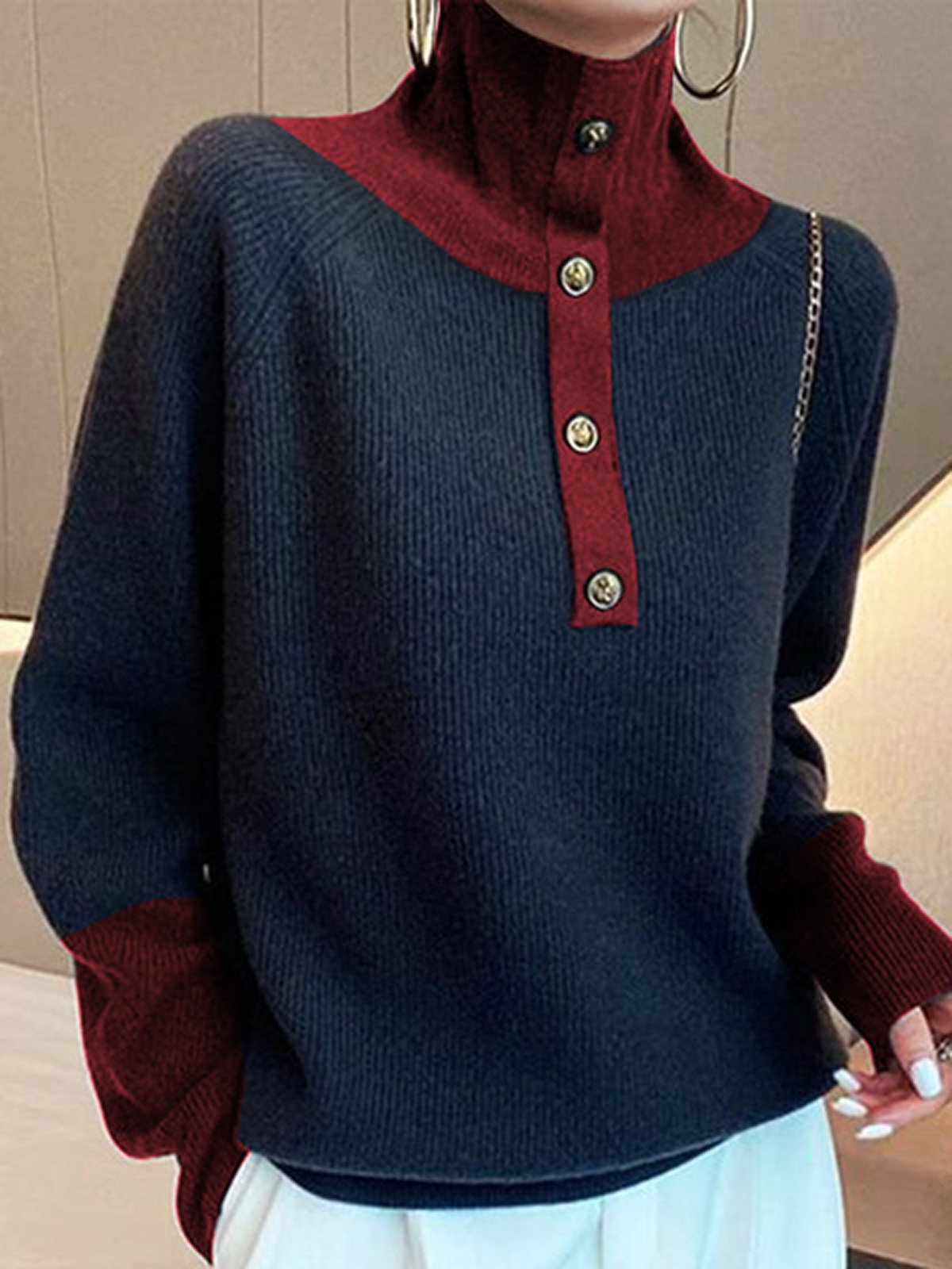 Plain Casual Raglan Sleeve Turtleneck Sweater