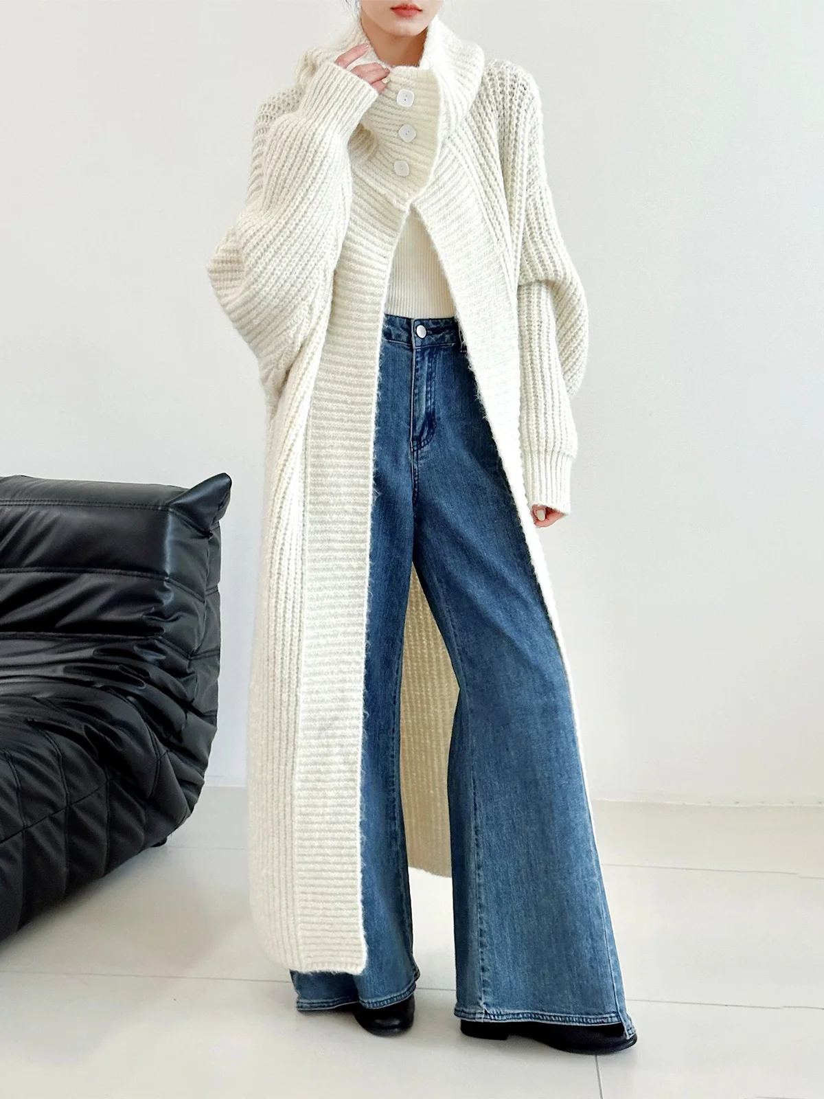 Long Sleeve Plain Turtleneck Loose Casual Cardigan Sweater