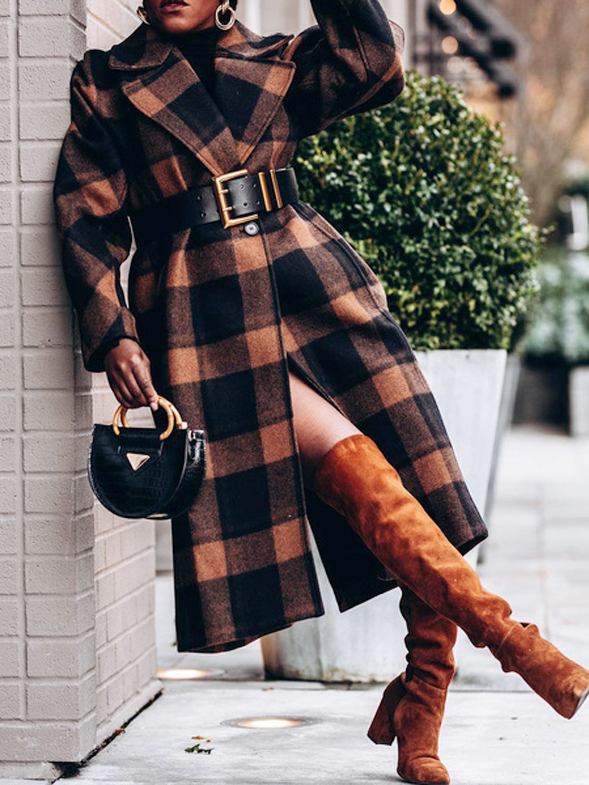 Loose Urban Regular Sleeve Plaid Coat With No Belt