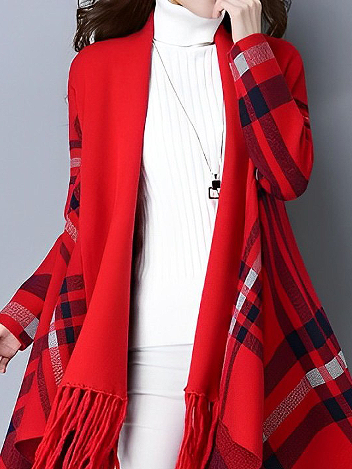 High Elasticity Loose Regular Sleeve Casual Long Sleeve Tassel Plaid Mid-long Cardigan Sweater