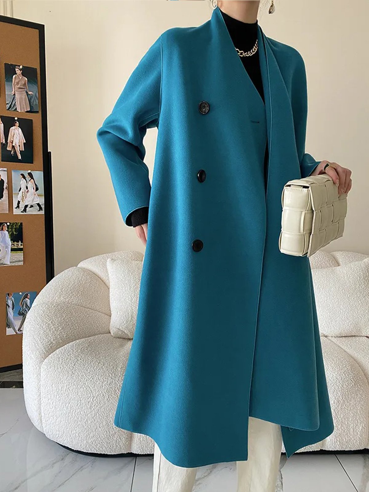 Wrap Urban Regular Sleeve Plain Buttoned Wrap Coat With Belt