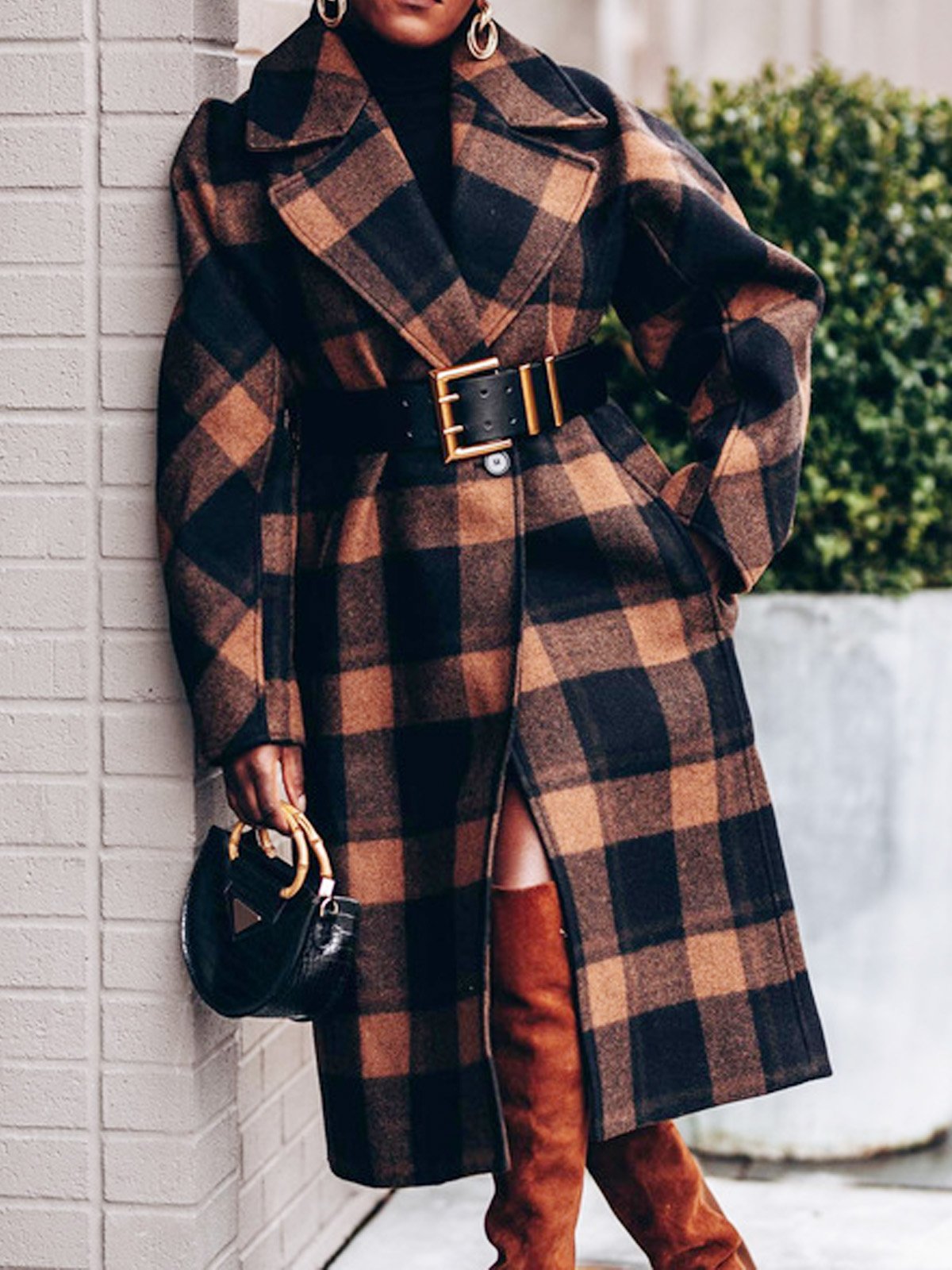 Loose Urban Regular Sleeve Plaid Coat With No Belt