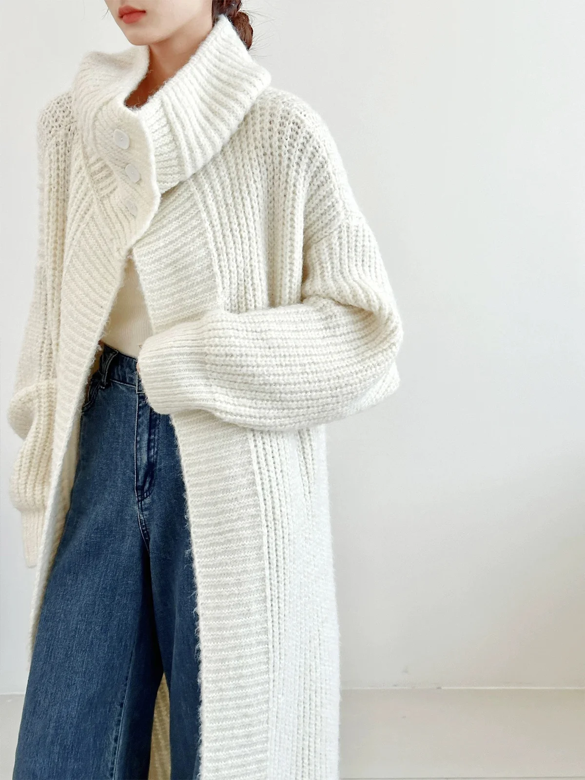 Long Sleeve Plain Turtleneck Loose Casual Cardigan Sweater