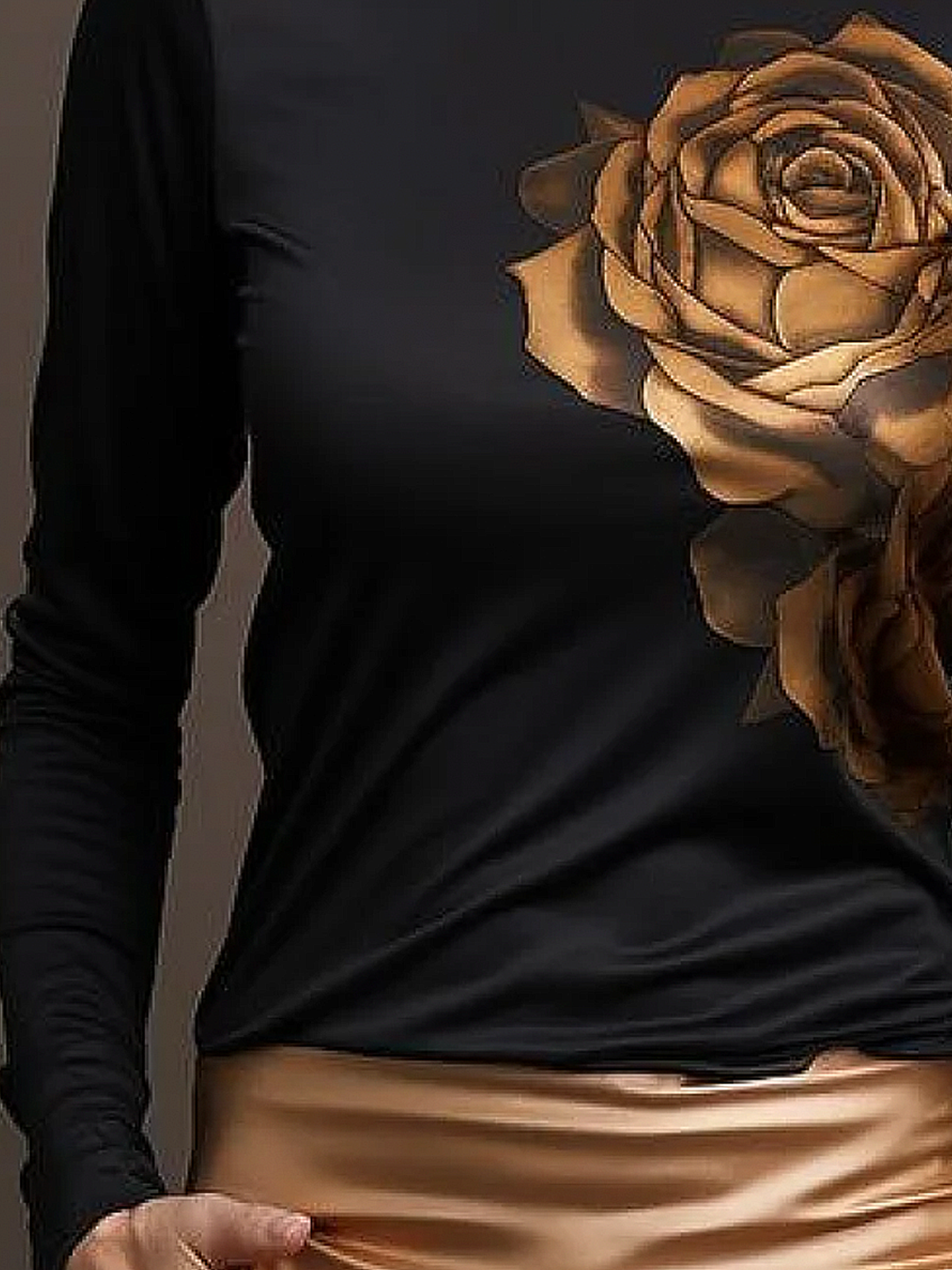 Plus Size Tight Medium Elasticity Crew Neck Long Sleeve Floral Urban Regular Sleeve T-Shirt