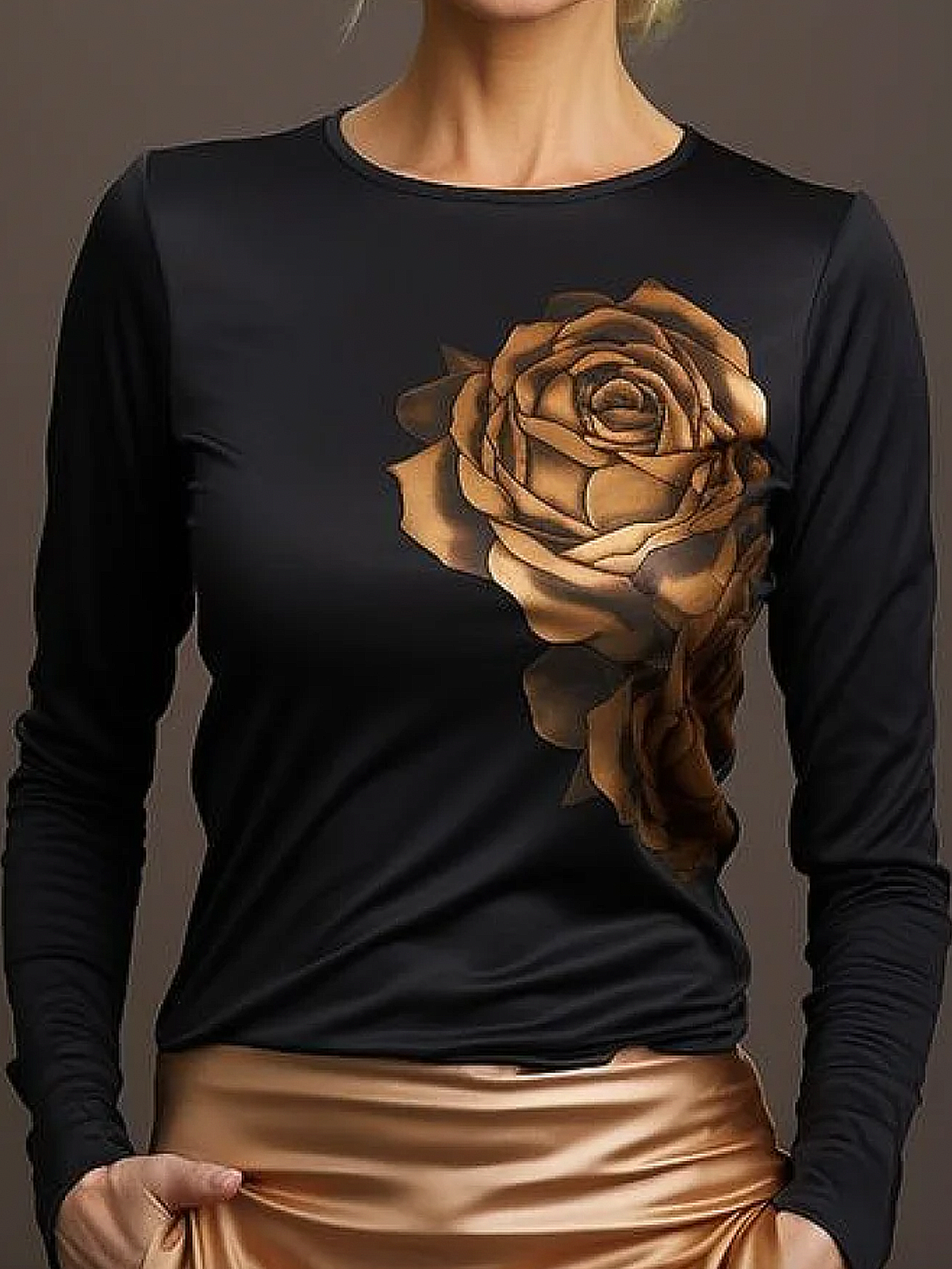 Plus Size Tight Medium Elasticity Crew Neck Long Sleeve Floral Urban Regular Sleeve T-Shirt