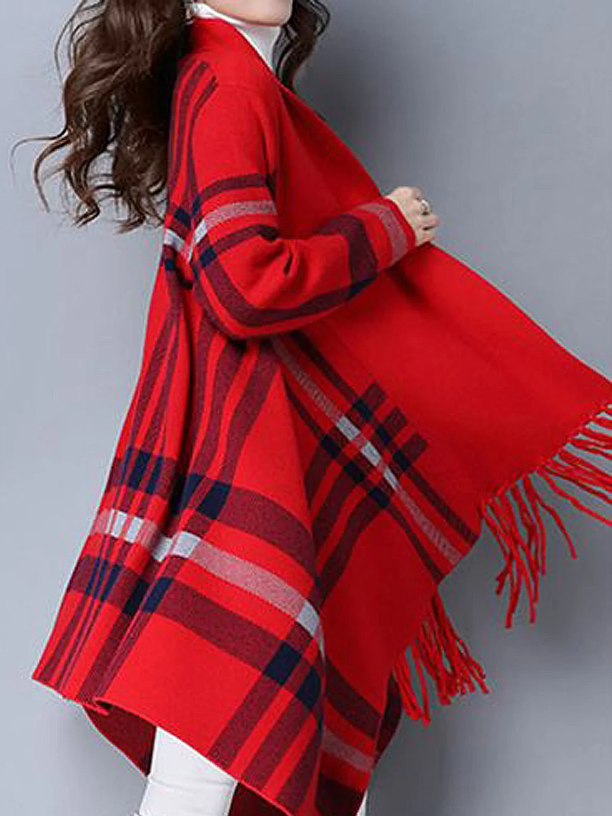 High Elasticity Loose Regular Sleeve Casual Long Sleeve Tassel Plaid Mid-long Cardigan Sweater