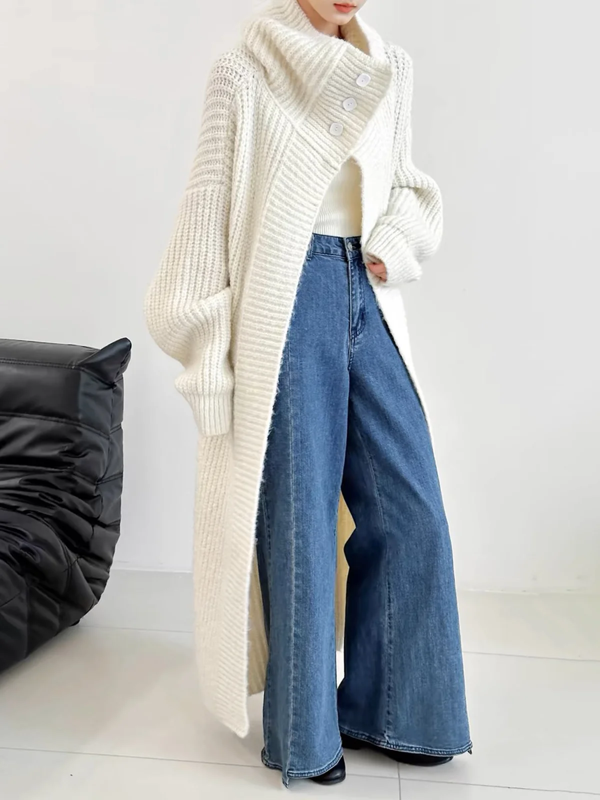 Long Sleeve Plain Turtleneck Loose Casual Cardigan Sweater