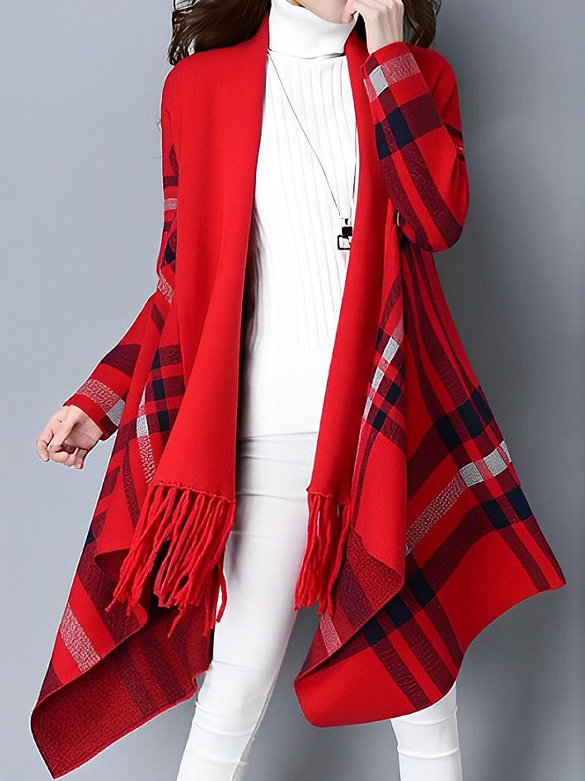 High Elasticity Loose Regular Sleeve Casual Long Sleeve Tassel Plaid Mid-long Cardigan Sweater