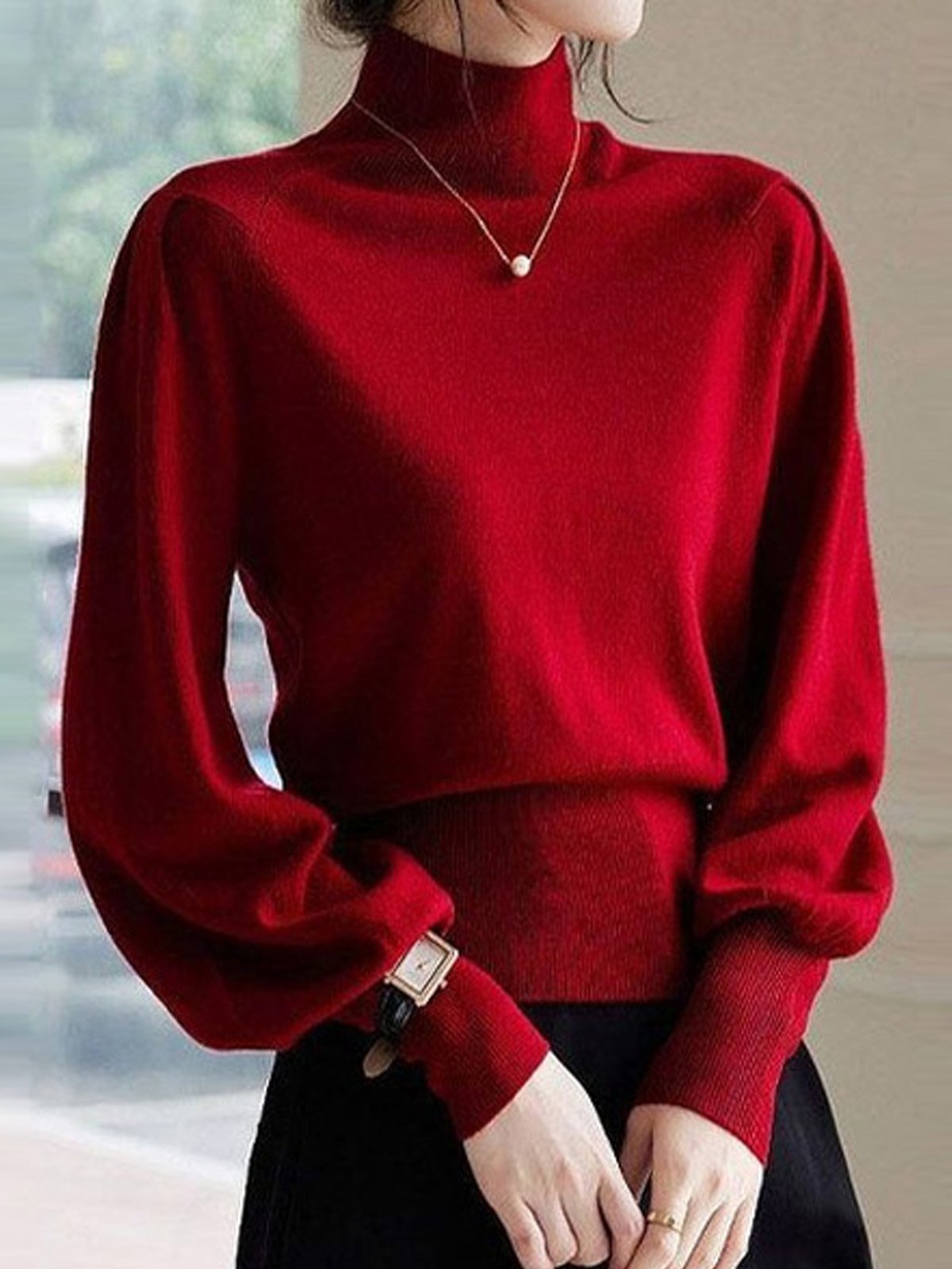 Plain Turtleneck Casual Balloon Sleeve Sweater