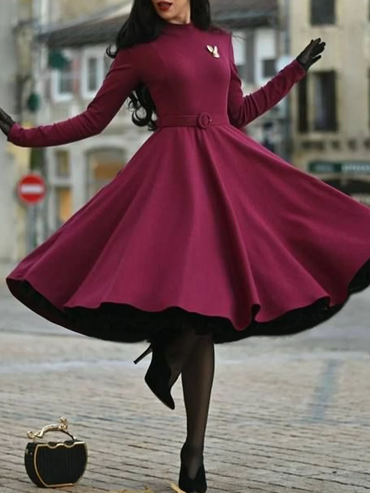 Plain Elegant Regular Fit Stand Collar Dress With Belt