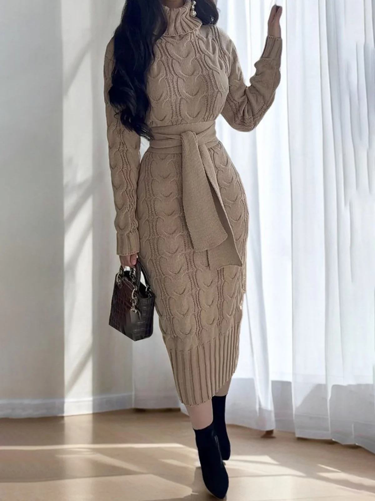 Elegant Regular Sleeve Plain Turtleneck Sweater Dress With Belt