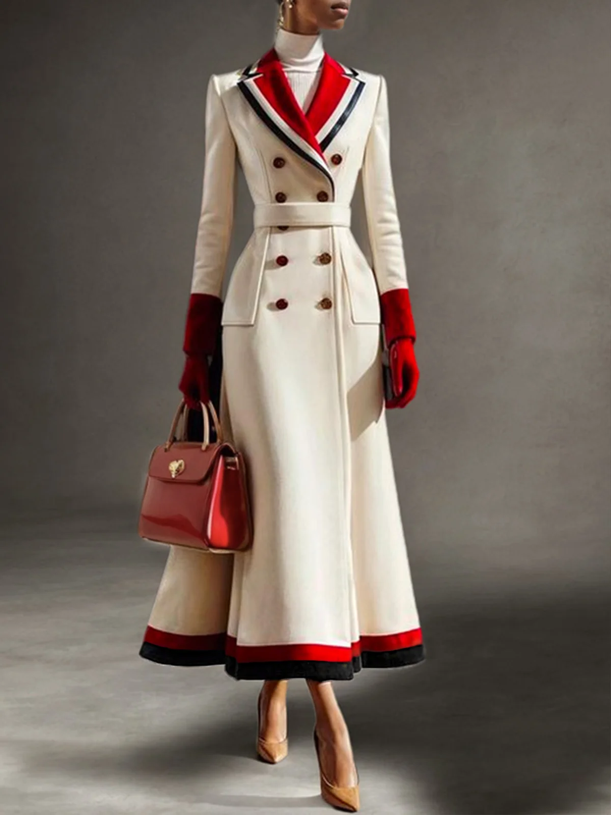 Leather-Patchwork  Color Block Lapel Collar Coat with Belt