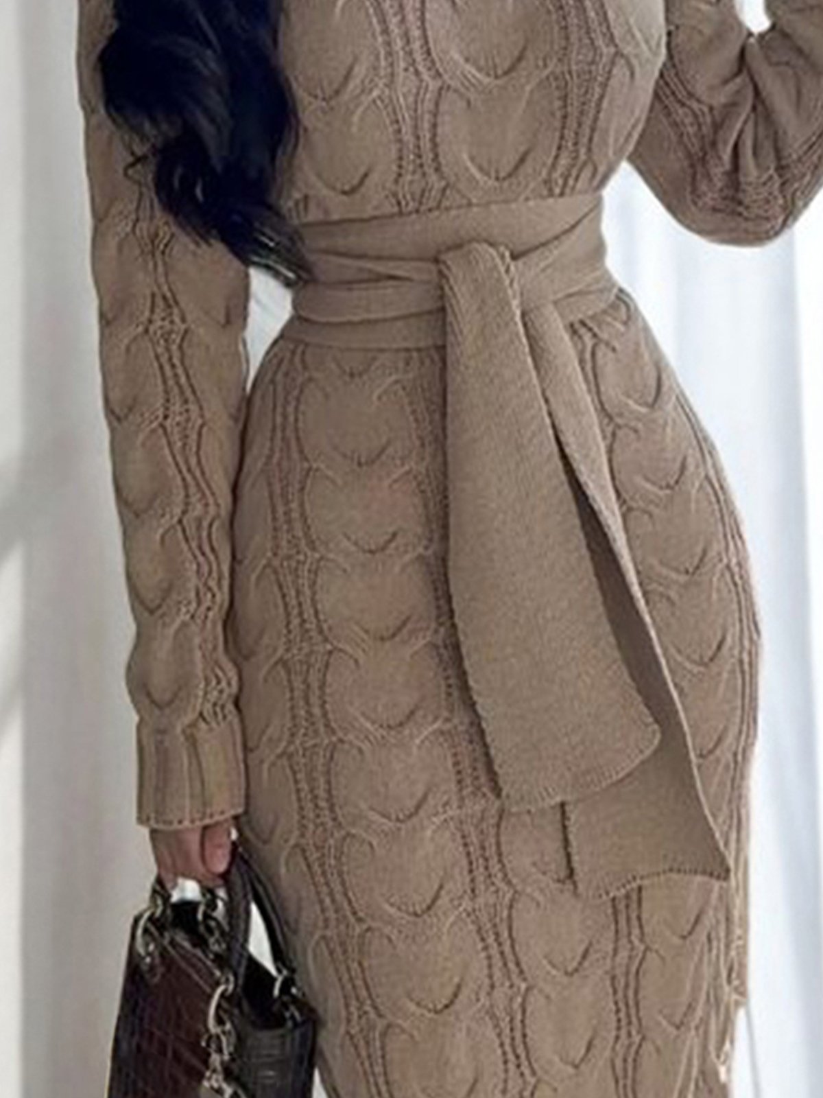 Elegant Regular Sleeve Plain Turtleneck Sweater Dress With Belt