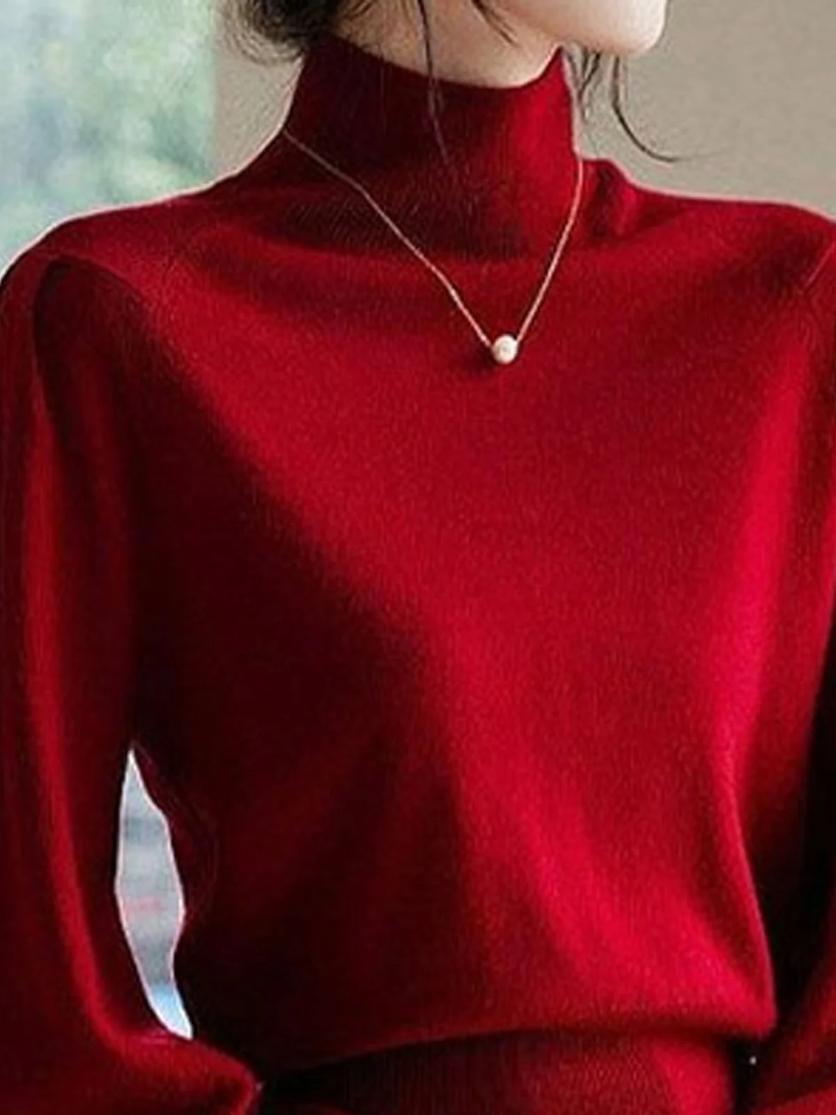 Plain Turtleneck Casual Balloon Sleeve Sweater