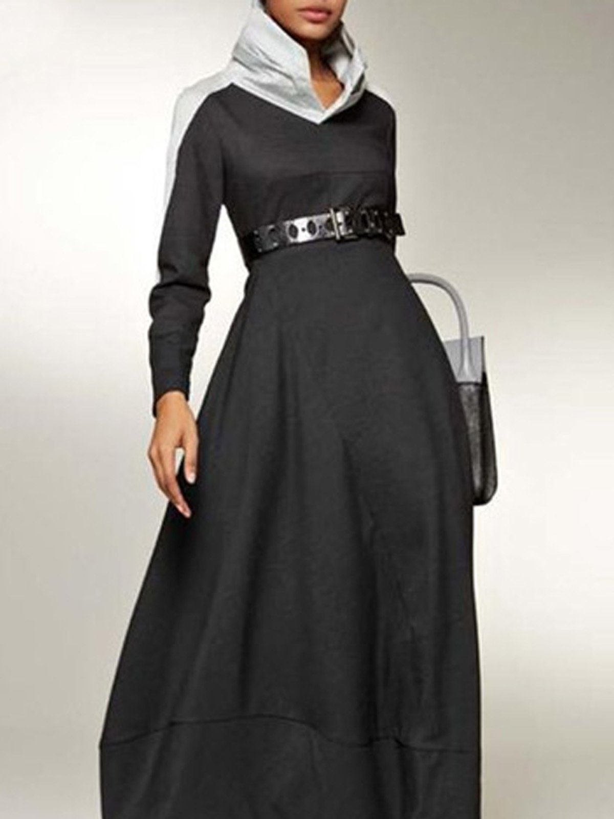 Long Sleeve Urban Stand Collar Loose Dress With No Belt