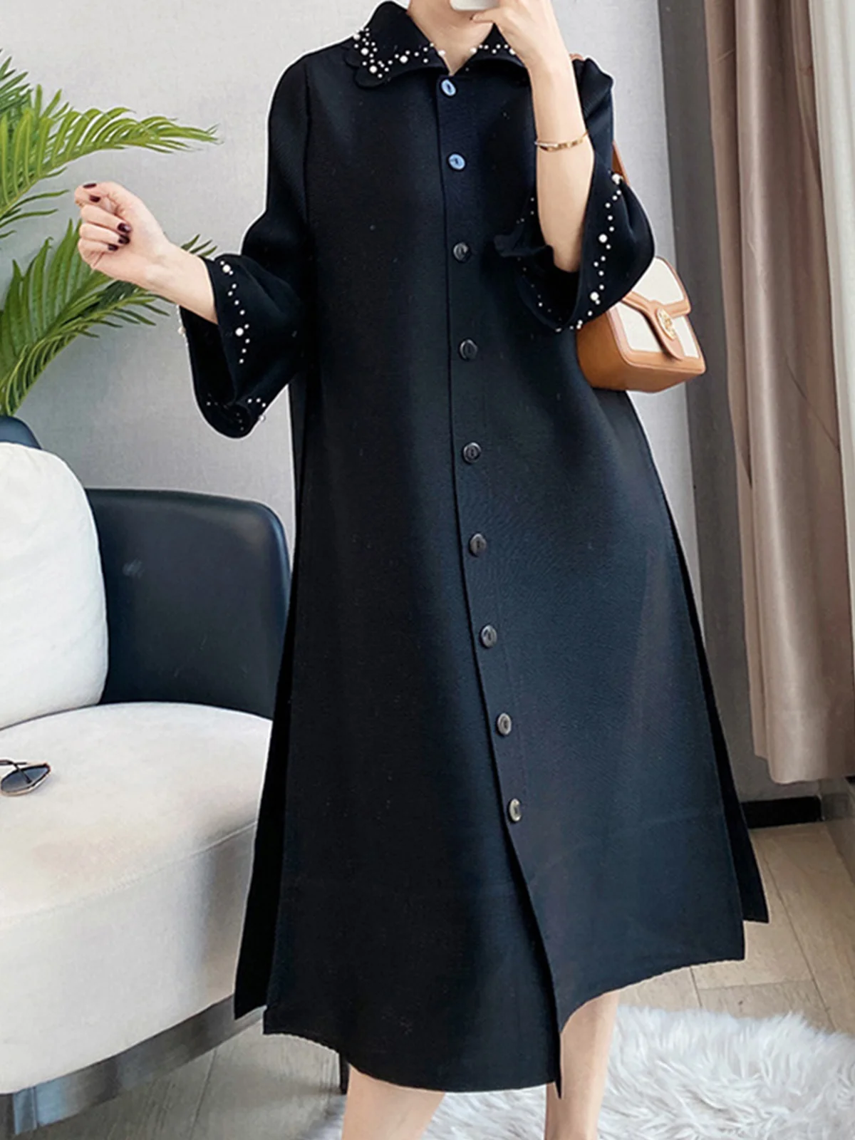 Three Quarter Sleeve Long Elegant Shirt Dress