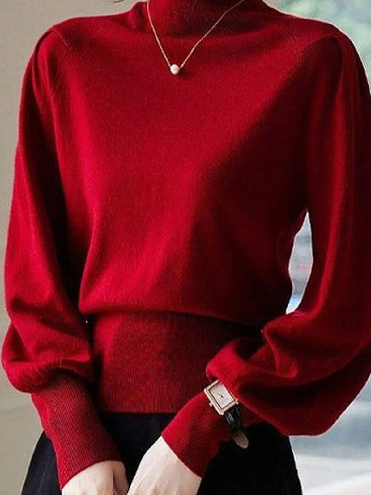 Plain Turtleneck Casual Balloon Sleeve Sweater