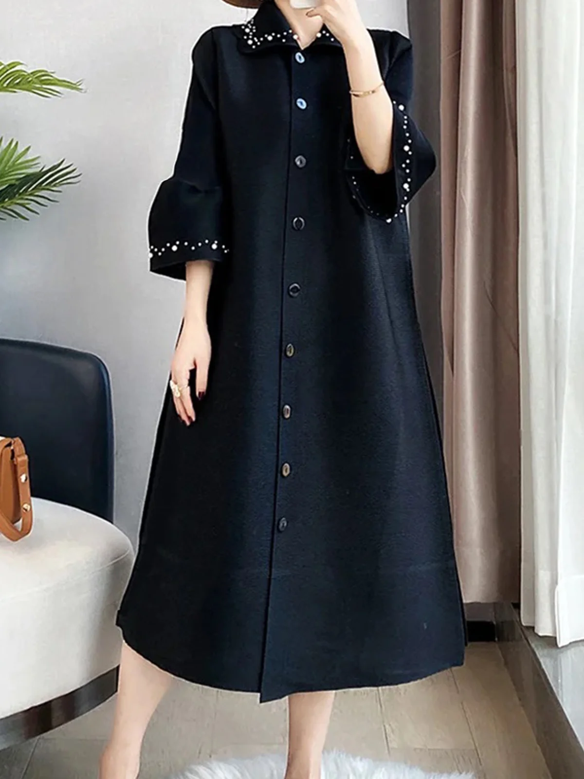 Three Quarter Sleeve Long Elegant Shirt Dress