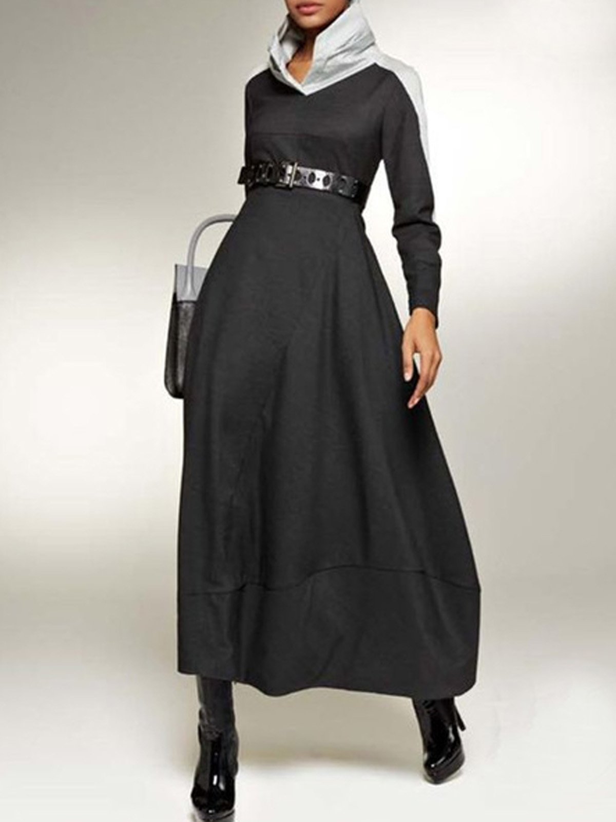 Long Sleeve Urban Stand Collar Loose Dress With No Belt