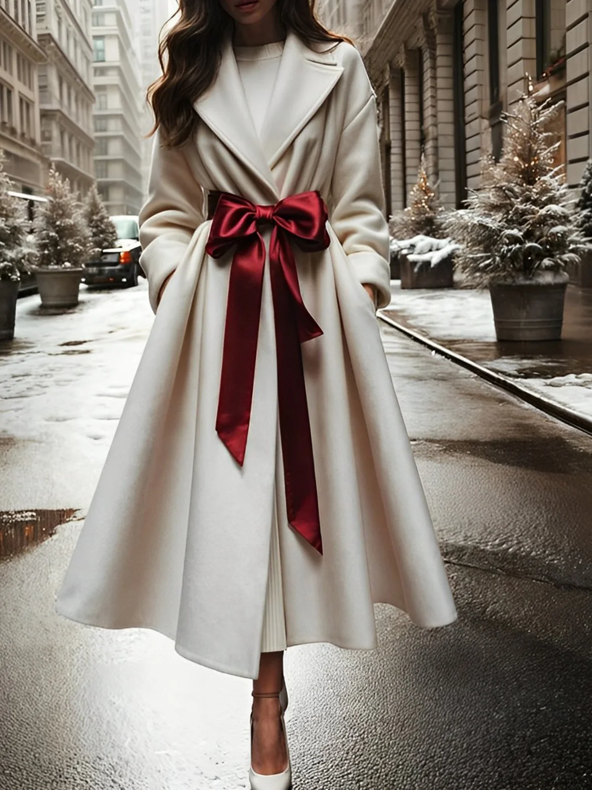 Elegant Plain Regular Sleeve Lapel Collar Coat With Belt