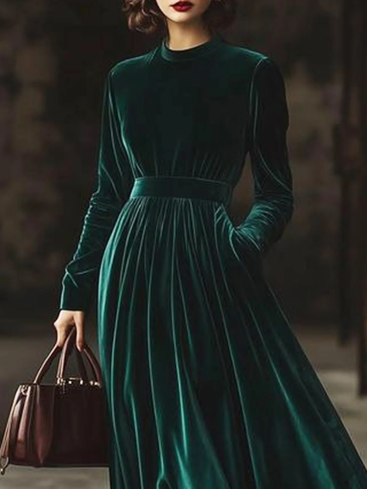 Elegant Regular Fit Crew Neck Velvet Long Sleeve Dress