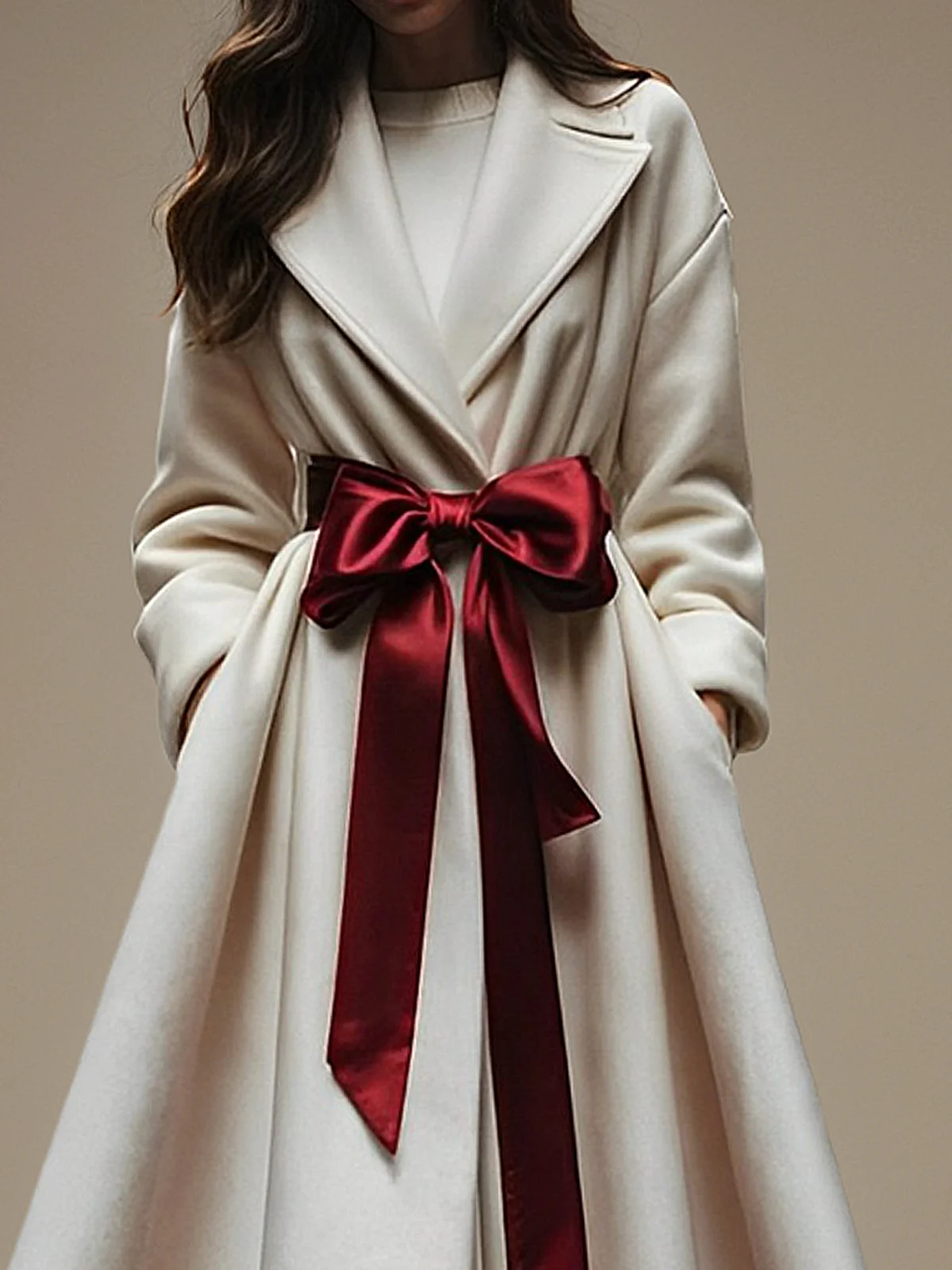 Elegant Plain Regular Sleeve Lapel Collar Coat With Belt