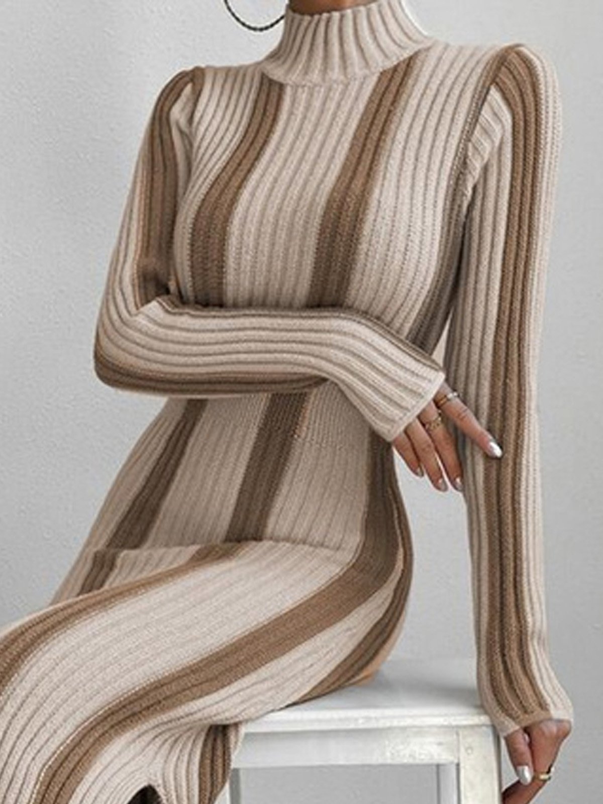 Turtleneck Urban Regular Fit Regular Sleeve Striped Sweater Dress