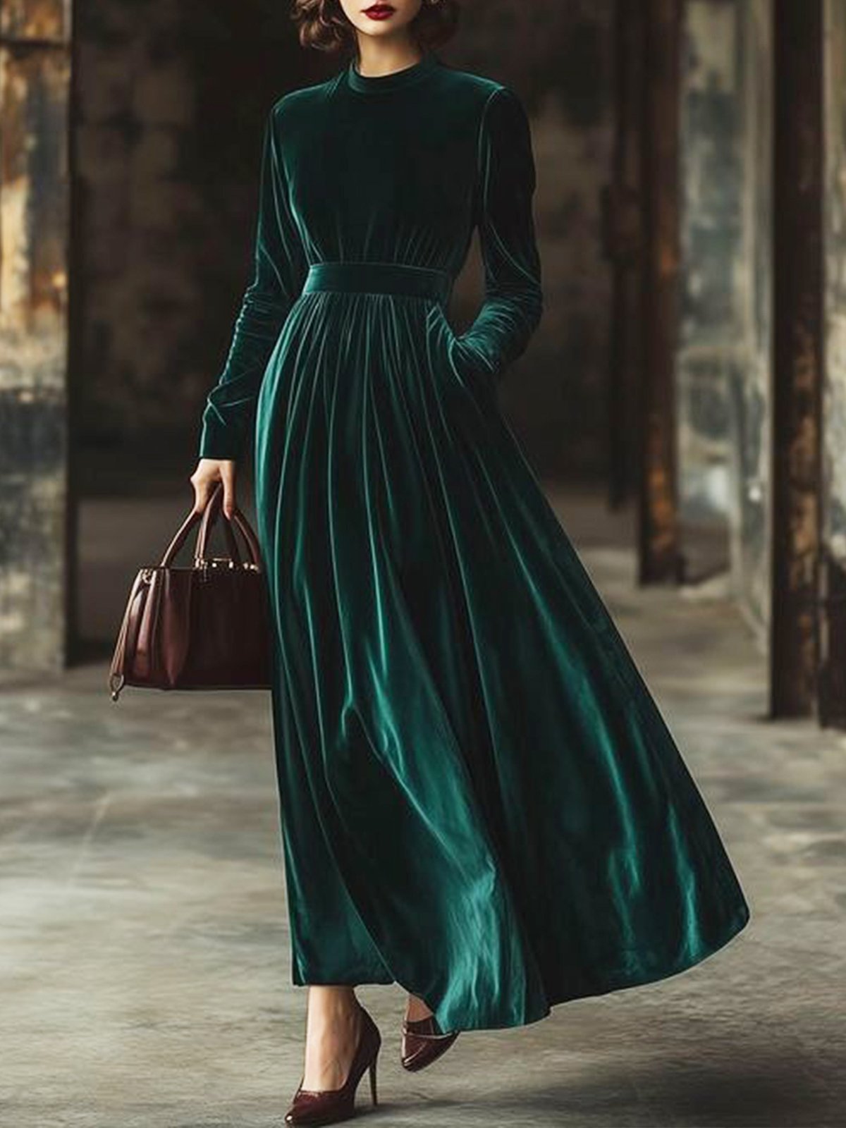 Elegant Regular Fit Crew Neck Velvet Long Sleeve Dress