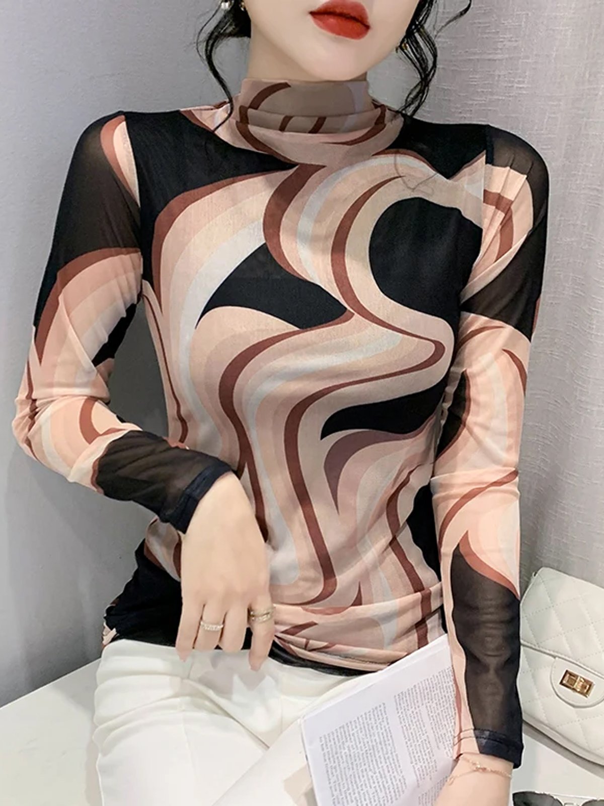 Random Print Mock Neck Printing Urban Long Sleeve T-Shirt