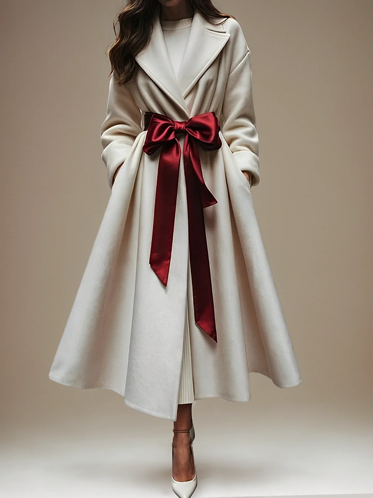 Elegant Plain Regular Sleeve Lapel Collar Coat With Belt