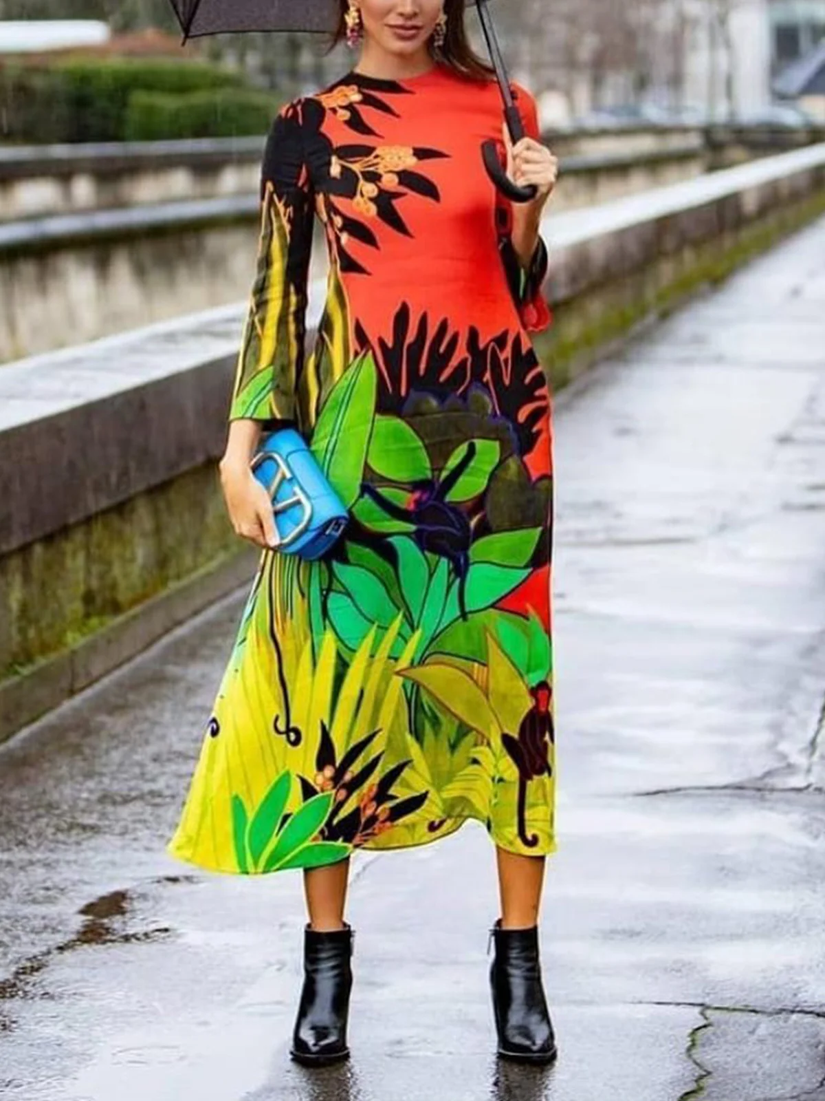 Elegant Regular Sleeve Regular Fit Floral Crew Neck Midi Dress