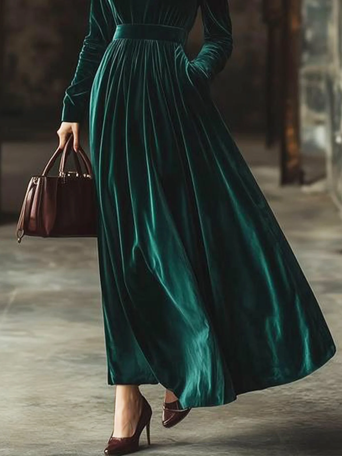 Elegant Regular Fit Crew Neck Velvet Long Sleeve Dress