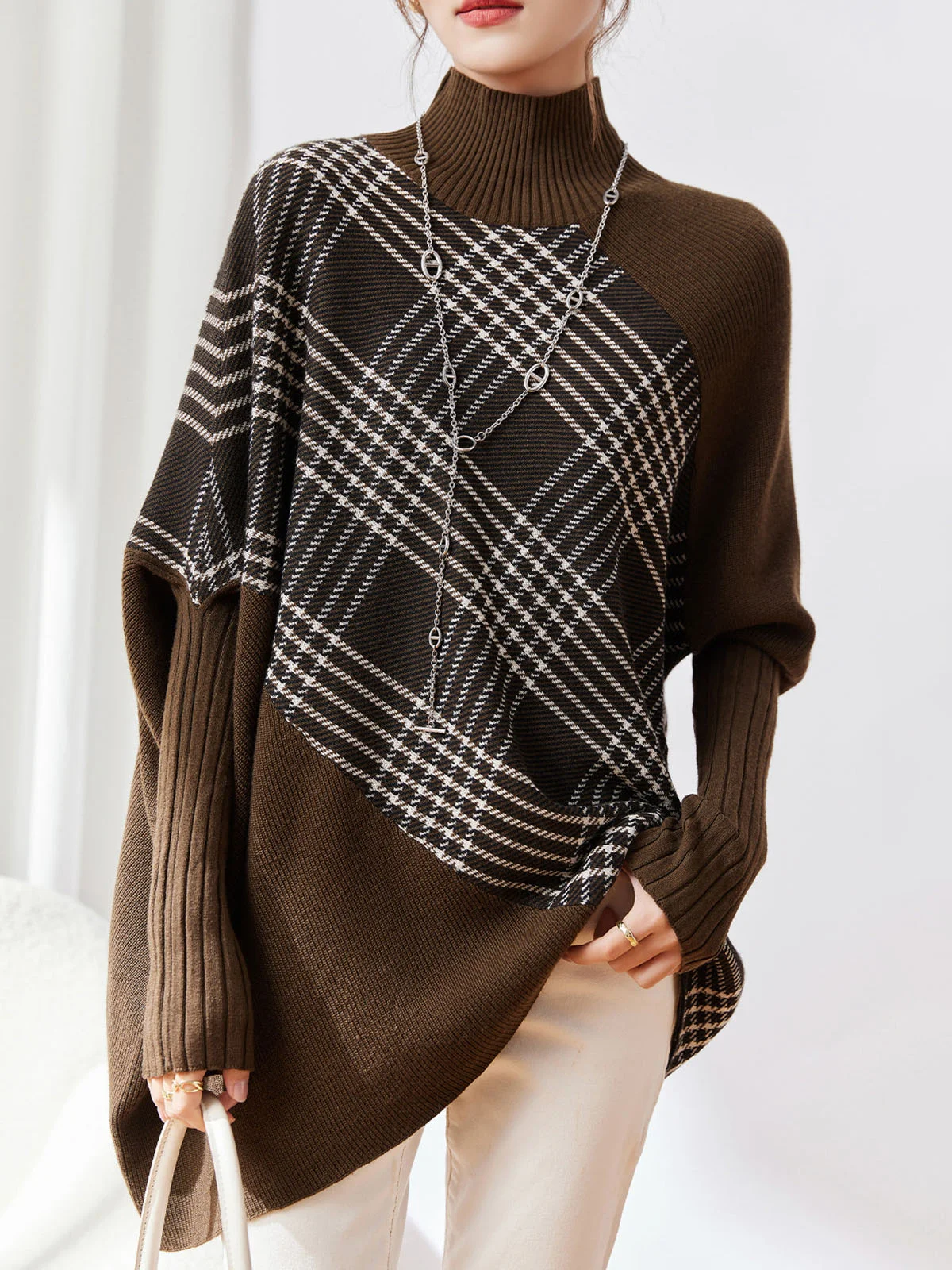 Plaid Raglan Sleeve Loose Casual Sweater