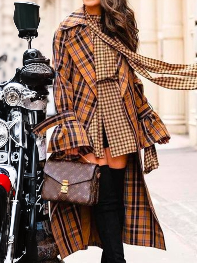 Casual Loose Plaid Others Trench Coat