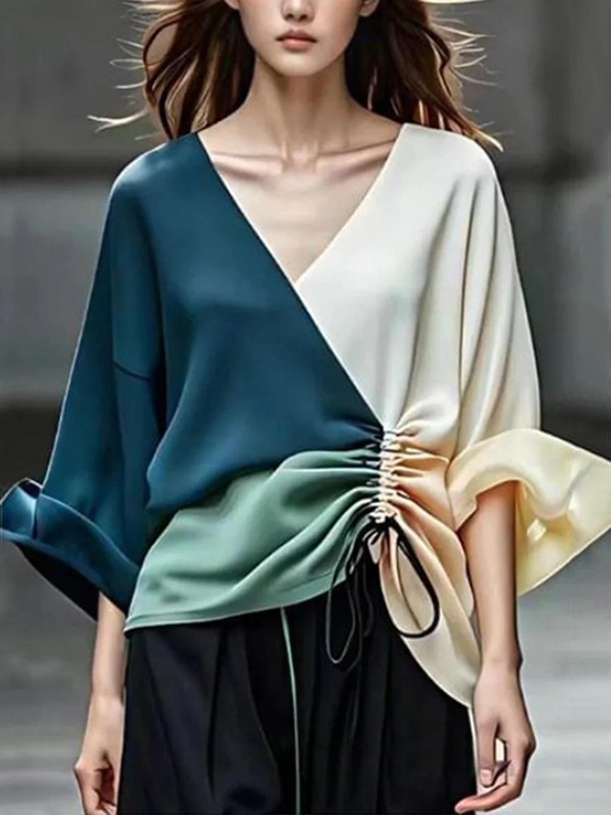 Urban Color Block V Neck Loose Blouse