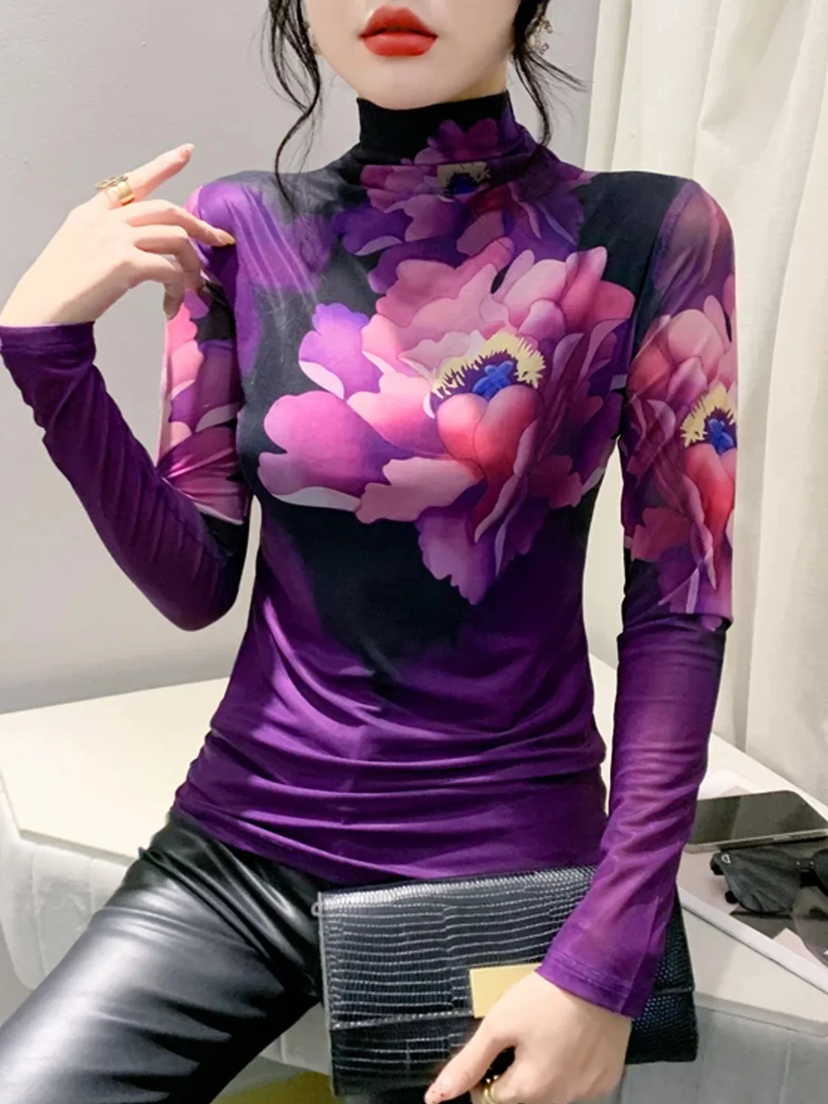 Printing Mock Neck Elegant Regular Sleeve Floral T-Shirt