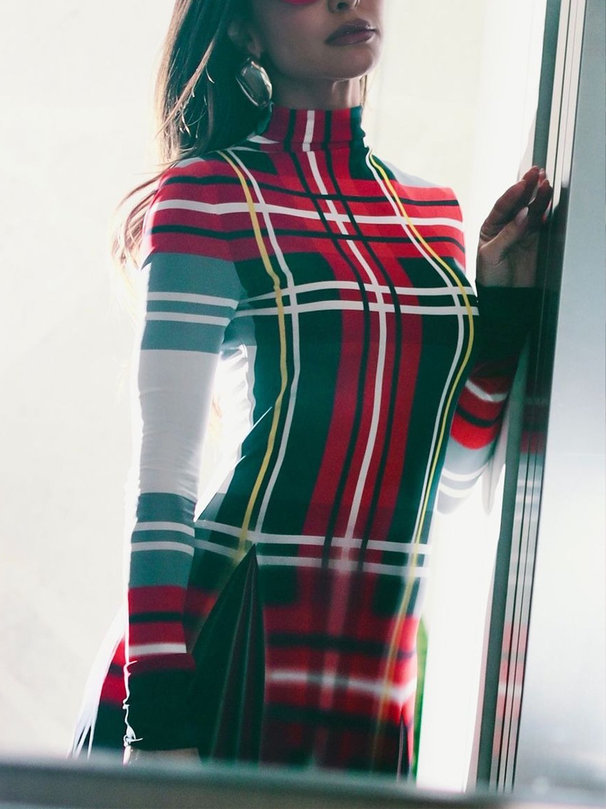 Regular Fit Elegant Plaid Long Sleeve Maxi Dress