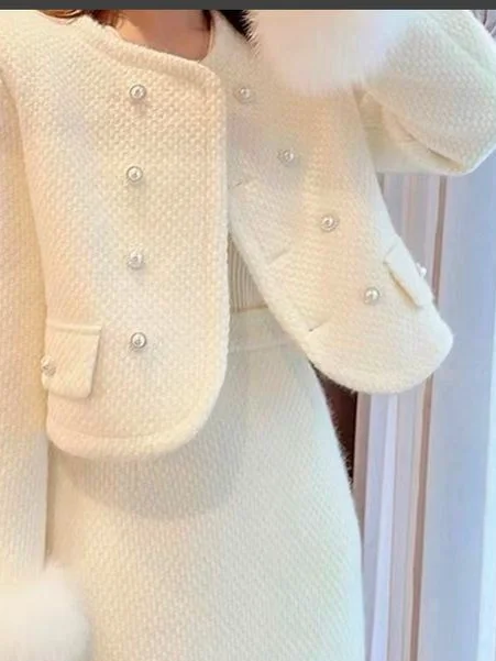 Regular Sleeve Cross Neck Plain Elegant Imitation Pearls Jacket