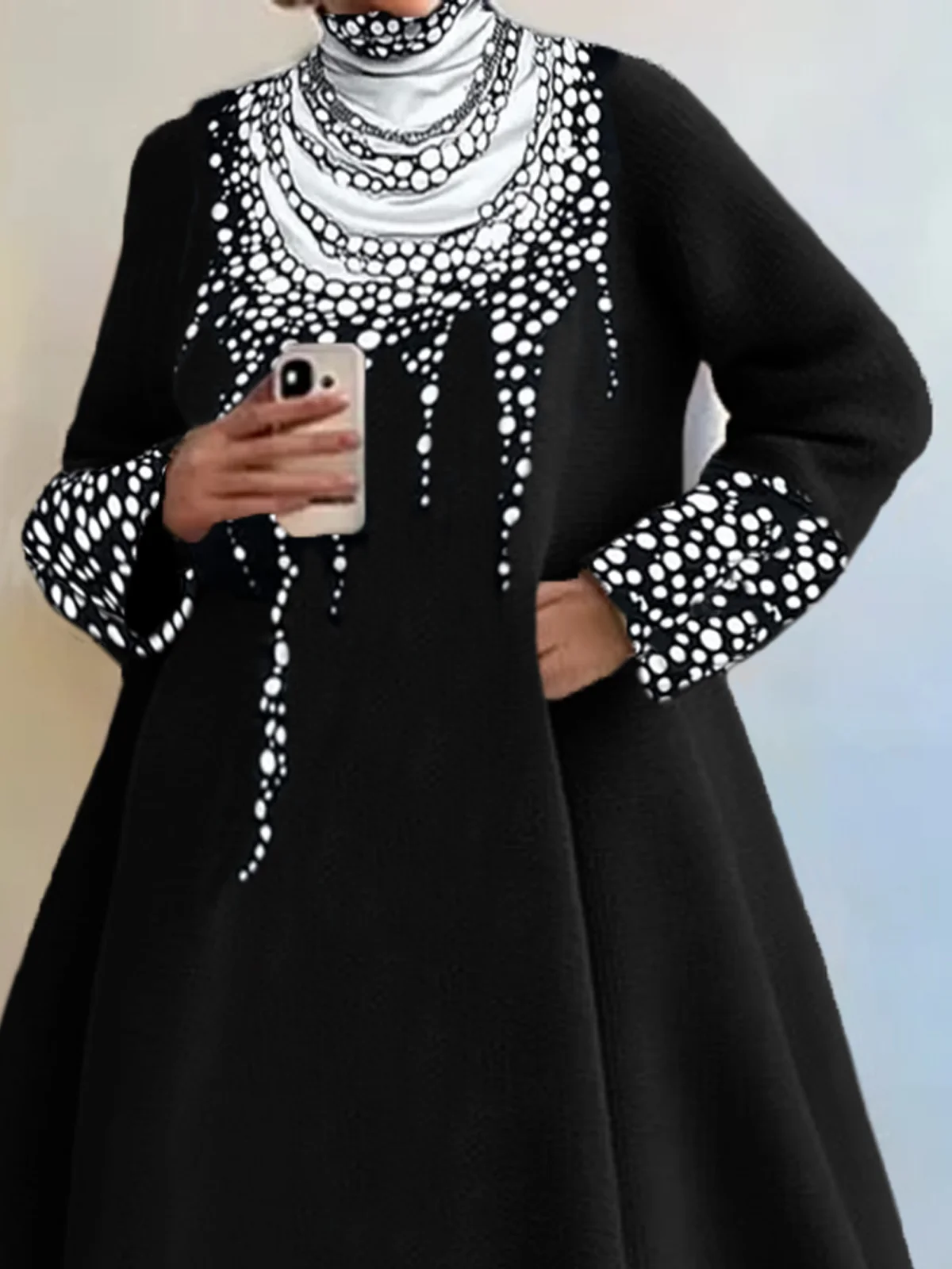 Abstract Polka Dots Turtleneck Elegant Long Sleeve Loosen Midi Dress