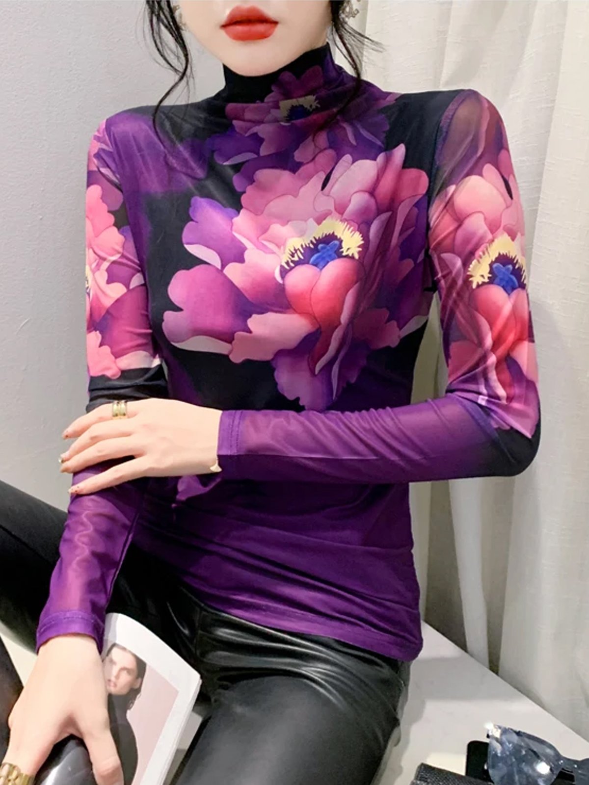 Printing Mock Neck Elegant Regular Sleeve Floral T-Shirt