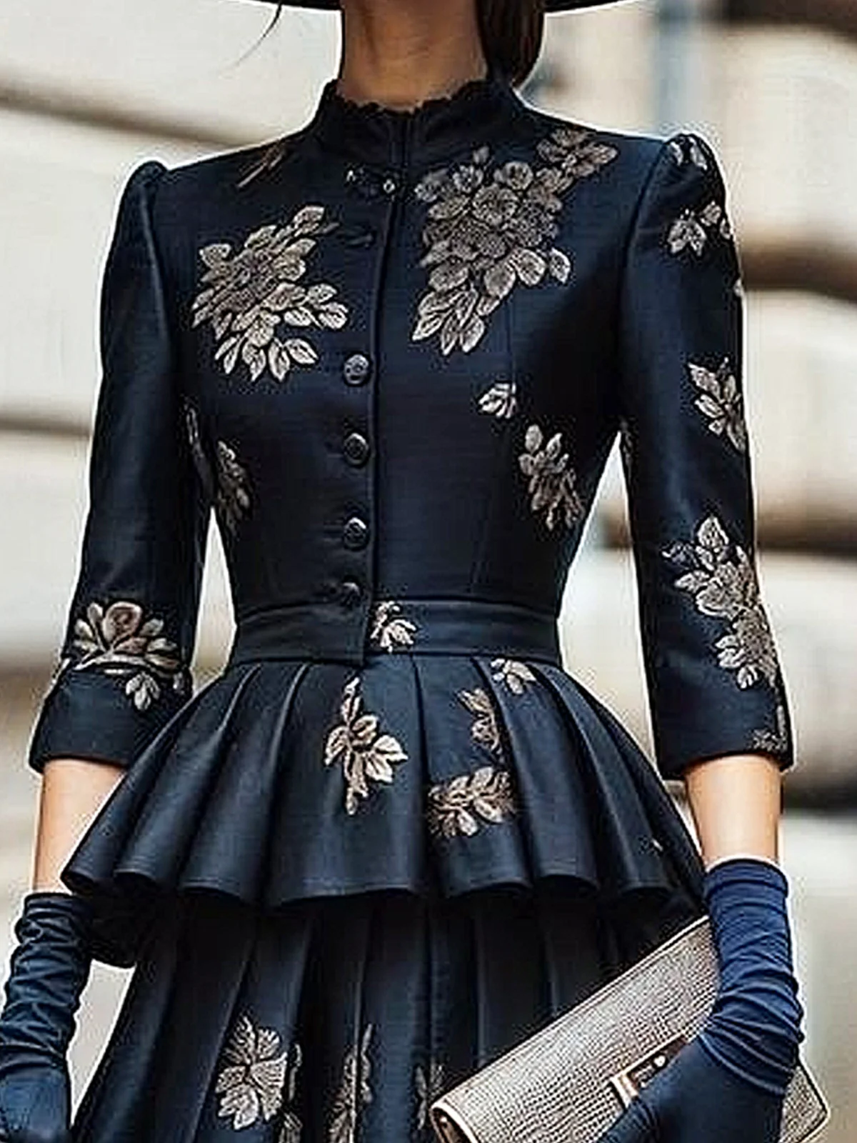 Regular Fit Stand Collar Three Quarter Sleeve Elegant Floral Jacket