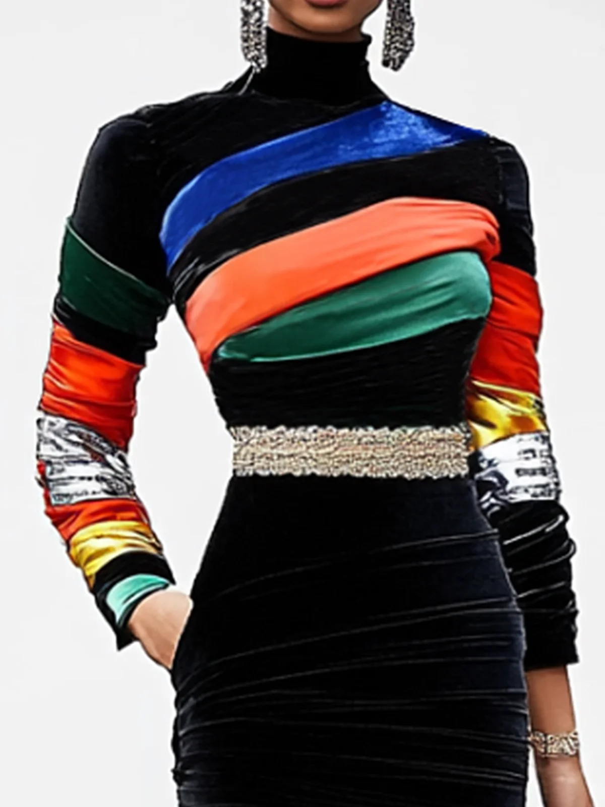 High Elasticity Regular Sleeve Turtleneck Long Sleeve Geometric Elegant T-Shirt