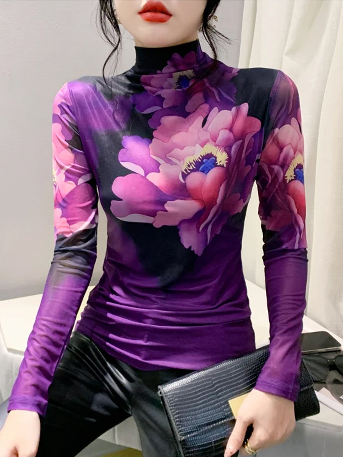 Printing Mock Neck Elegant Regular Sleeve Floral T-Shirt