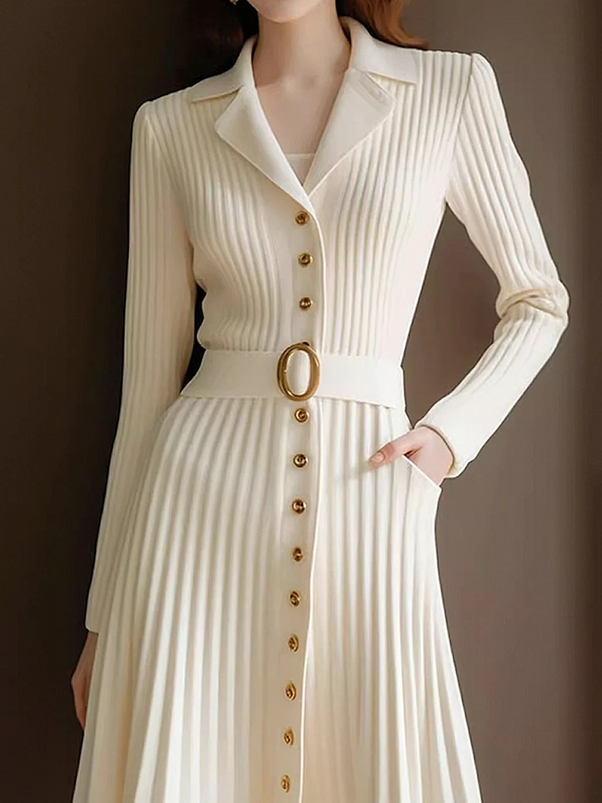 High Elasticity Regular Fit Plain Elegant Regular Lapel Collar Long Sleeve Sleeve Sweater Maxi Dress With Belt