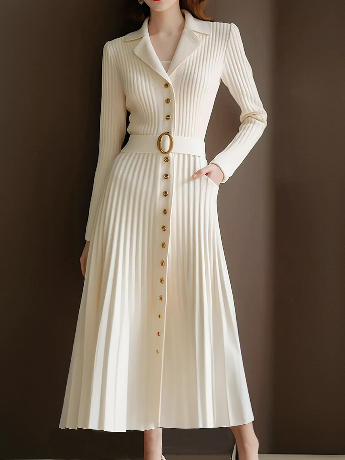 High Elasticity Regular Fit Plain Elegant Regular Lapel Collar Long Sleeve Sleeve Sweater Maxi Dress With Belt