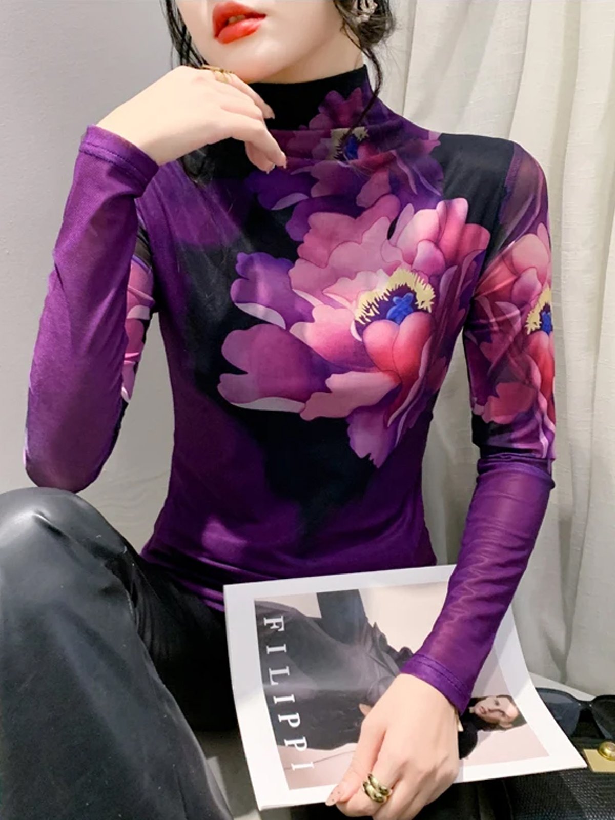 Printing Mock Neck Elegant Regular Sleeve Floral T-Shirt