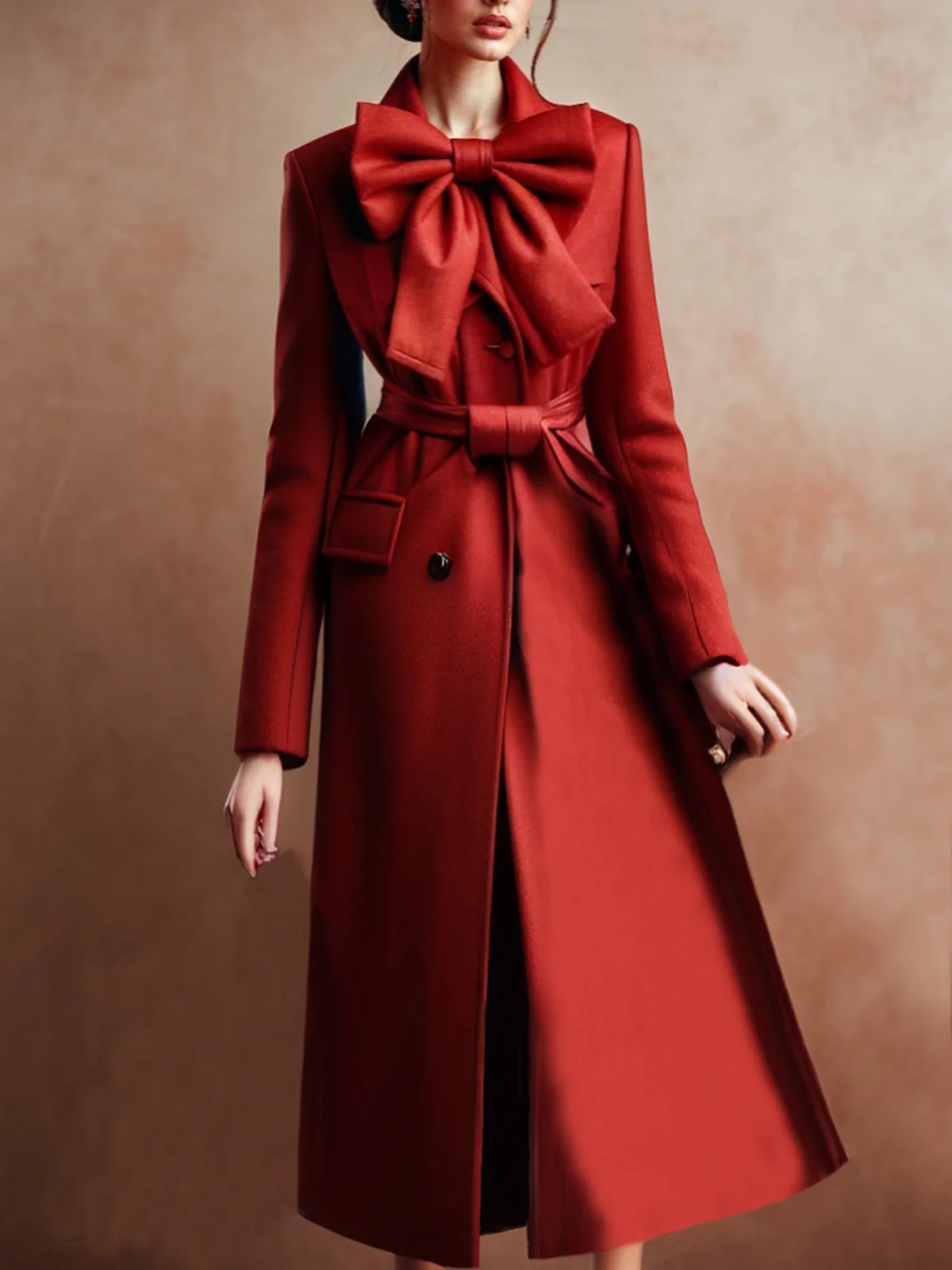 Elegant Regular Sleeve Regular Fit Bow Coat With Belt