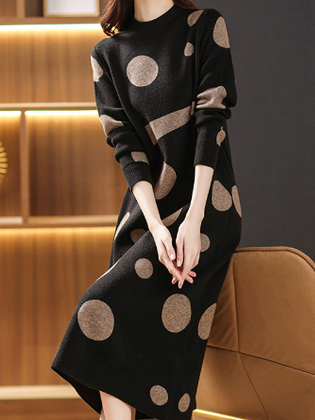 Crew Neck Urban Loose Regular Sleeve Sweater Dress